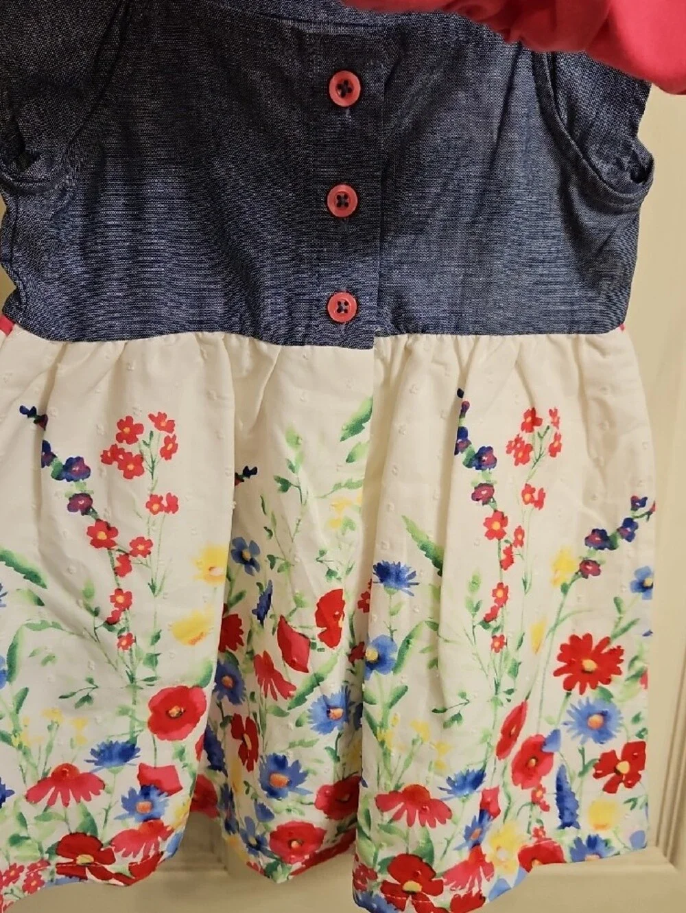 Girls Blue Chambray & White Floral Dress with Pink Flower